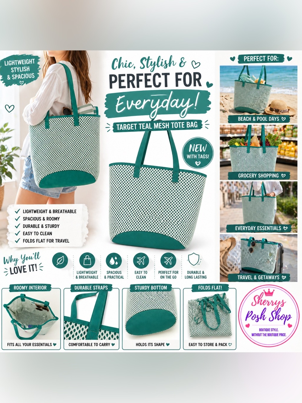 Target Teal Mesh Tote Bag Lightweight Beach Shopper Everyday Carry NWT
